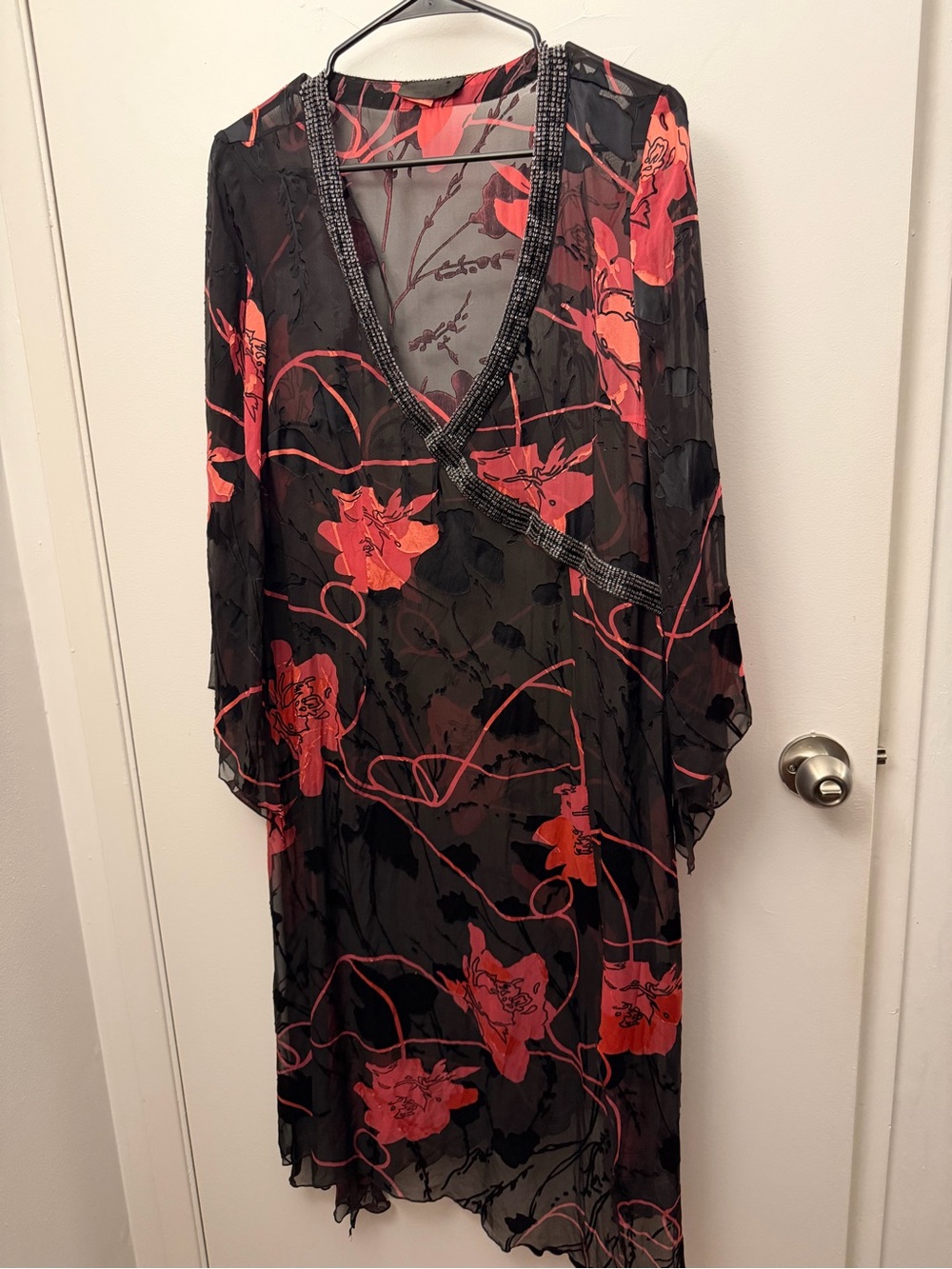 Silk burnout Sheer Floral Beaded V-Neck cover up